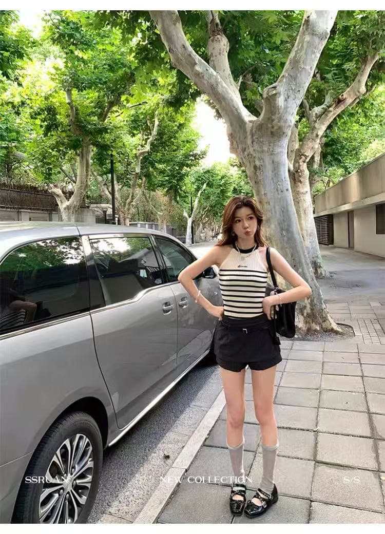 행침 목 스트라이프 배색 자수 알파벳 니트 스웨터 조끼 여성 몸매 가꾸기 슬립 민소매 얼음 실크 쇼트 스타일 맨위 여름 상세 이미지 5
