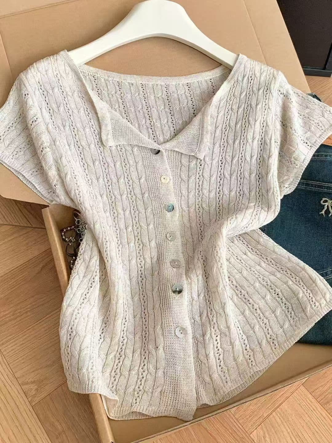 프랑스식 캐주얼 바람 홀로우 아웃 반팔 니트 오픈 가디건 여성 여름 한 부서 디자인 센스 다용도 얇은 스타일 니트 스웨터 맨위 상세 이미지 2