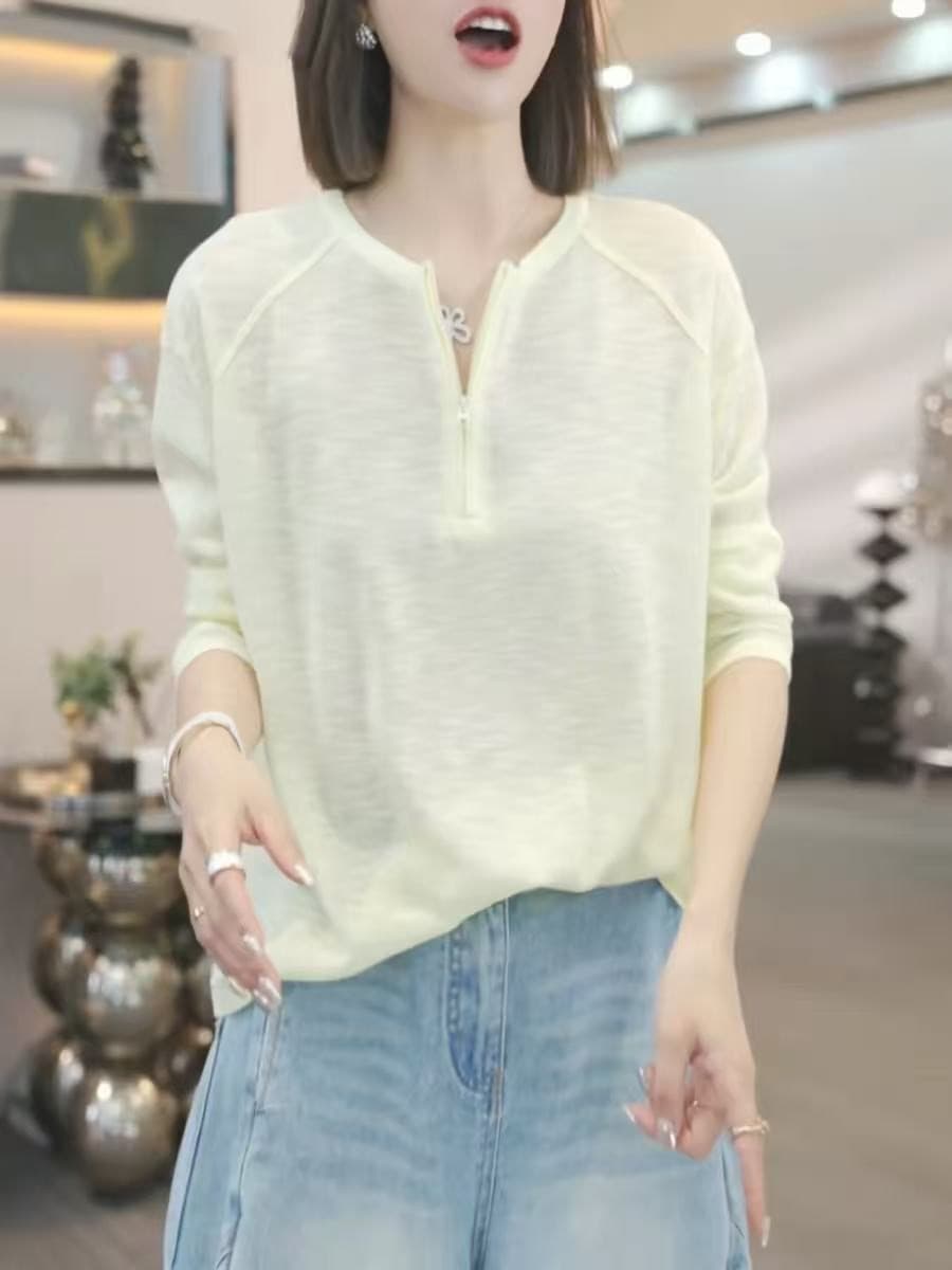 화이트 반 개방 칼라 자외선 차단 티셔츠 여성 여름 긴팔 니트 블라우스 2026 새로운 한 부서 다용도 루즈핏 맨위 이미지 4