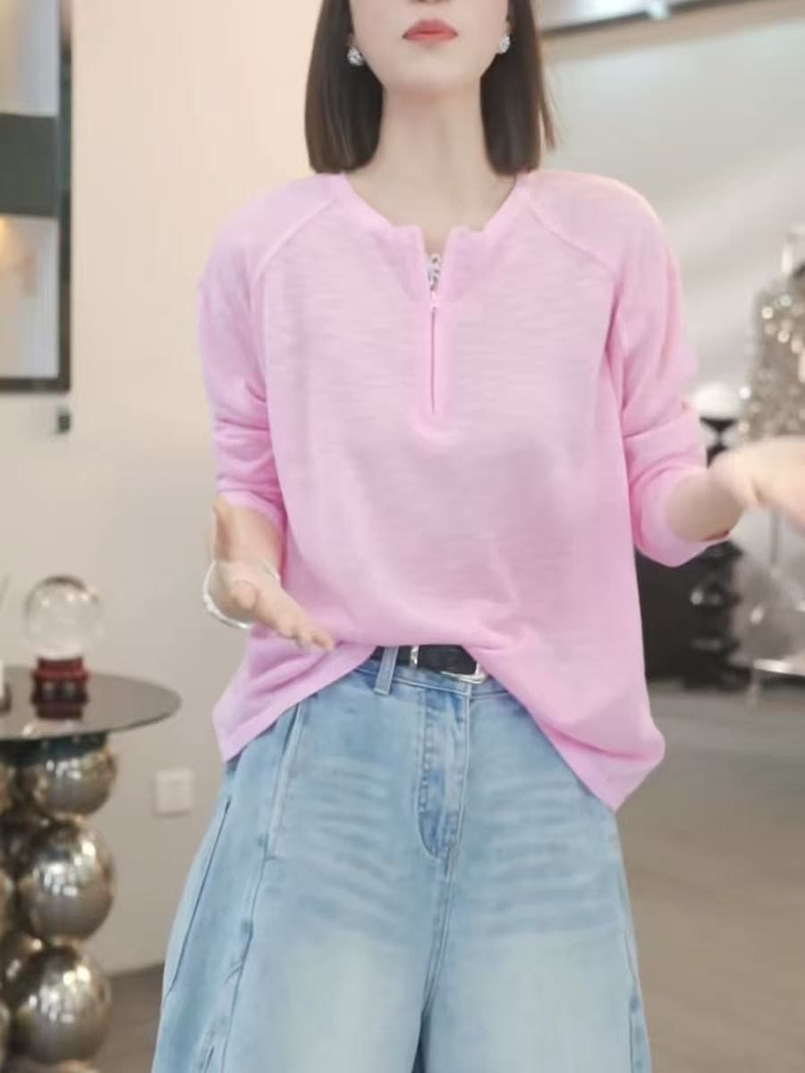 화이트 반 개방 칼라 자외선 차단 티셔츠 여성 여름 긴팔 니트 블라우스 2026 새로운 한 부서 다용도 루즈핏 맨위 이미지 3