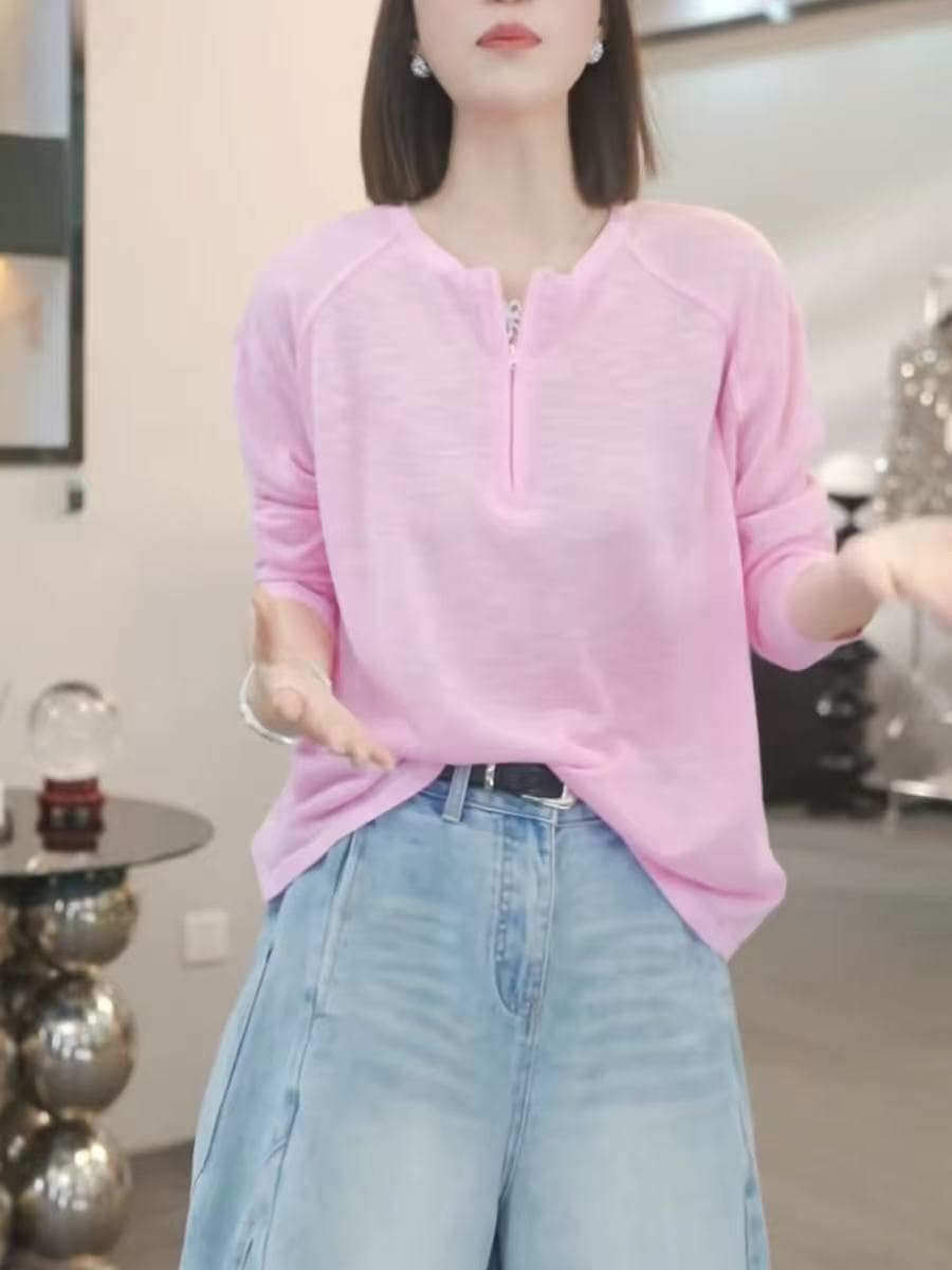 화이트 반 개방 칼라 자외선 차단 티셔츠 여성 여름 긴팔 니트 블라우스 2026 새로운 한 부서 다용도 루즈핏 맨위 상세 이미지 1