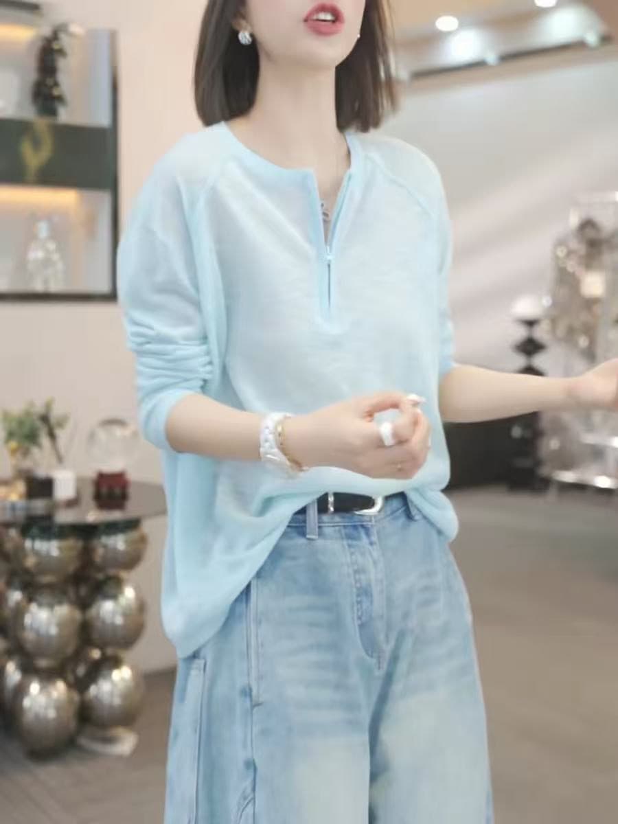 화이트 반 개방 칼라 자외선 차단 티셔츠 여성 여름 긴팔 니트 블라우스 2026 새로운 한 부서 다용도 루즈핏 맨위 상세 이미지 2