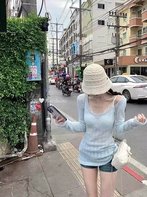 가을 겨울 한국 스타일 순수한 욕망 품격 광장 칼라 자수 홀로우 아웃 긴팔 니트 스웨터 만나는 인사이드 잡아라. 의류 상세 이미지 11