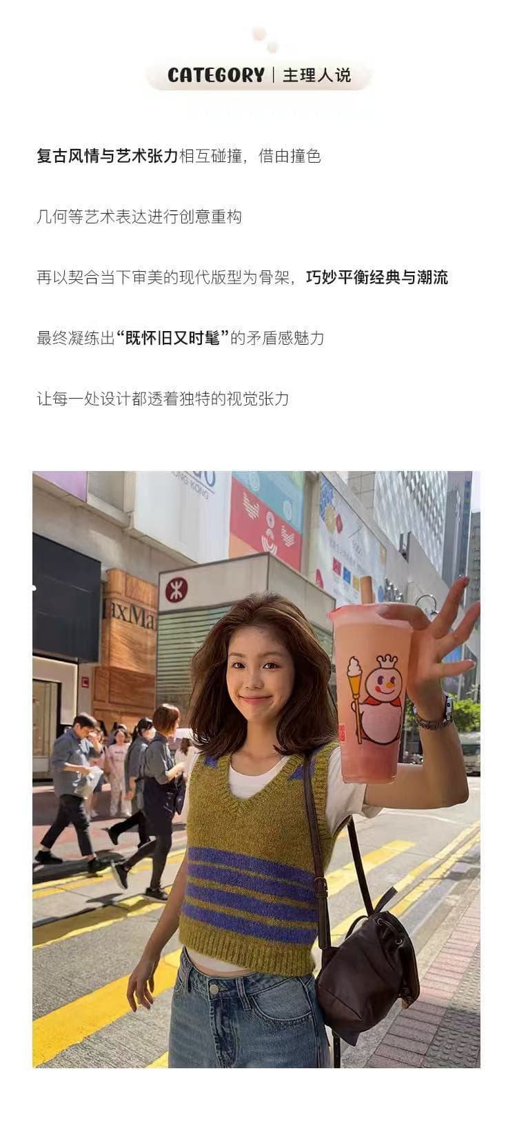 tuuuh 그림 그림책 V넥 풀오버 베스트 스웨터 조끼 여성 스트라이프 니트 스웨터 스택 착용 한 부서 이른 가을 착용 가져 가라. 상세 이미지 3