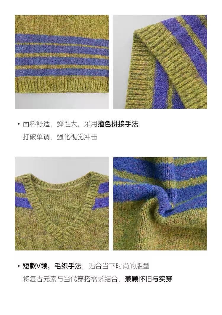 tuuuh 그림 그림책 V넥 풀오버 베스트 스웨터 조끼 여성 스트라이프 니트 스웨터 스택 착용 한 부서 이른 가을 착용 가져 가라. 상세 이미지 5