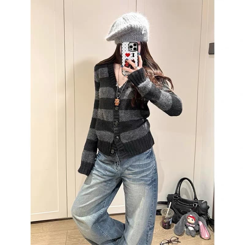 아메리칸 레트로 스트라이프 V넥 니트 스웨터 여성 봄 새로운 몸매 가꾸기 슬림해 보이는 부드러운 찹쌀 오픈 가디건 긴팔 스웨터 코트 상세 이미지 3