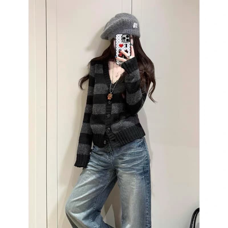 아메리칸 레트로 스트라이프 V넥 니트 스웨터 여성 봄 새로운 몸매 가꾸기 슬림해 보이는 부드러운 찹쌀 오픈 가디건 긴팔 스웨터 코트 상세 이미지 5