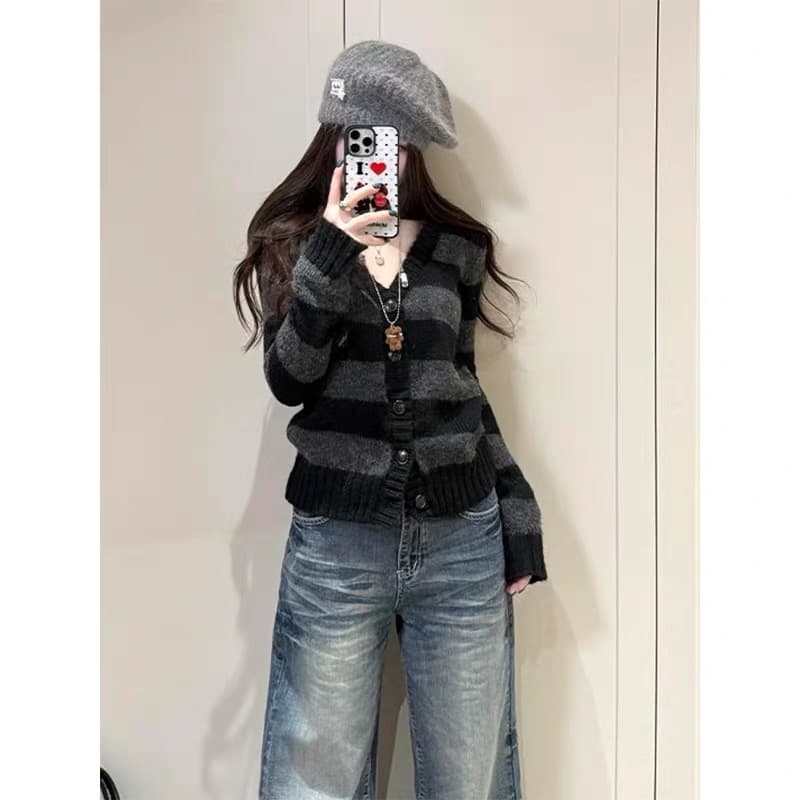 아메리칸 레트로 스트라이프 V넥 니트 스웨터 여성 봄 새로운 몸매 가꾸기 슬림해 보이는 부드러운 찹쌀 오픈 가디건 긴팔 스웨터 코트 상세 이미지 6
