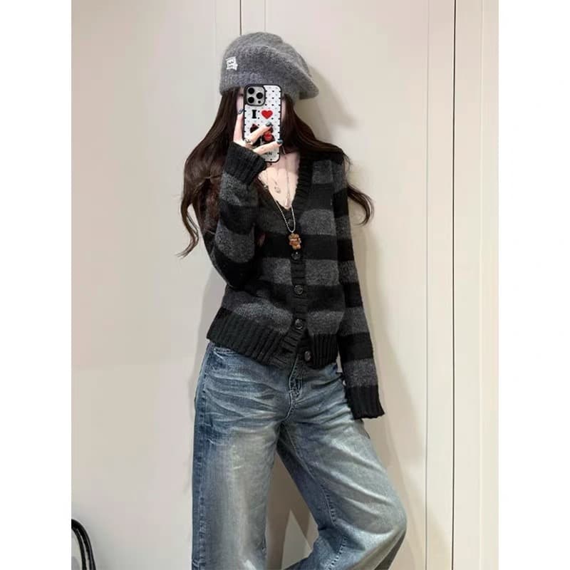 아메리칸 레트로 스트라이프 V넥 니트 스웨터 여성 봄 새로운 몸매 가꾸기 슬림해 보이는 부드러운 찹쌀 오픈 가디건 긴팔 스웨터 코트 상세 이미지 7