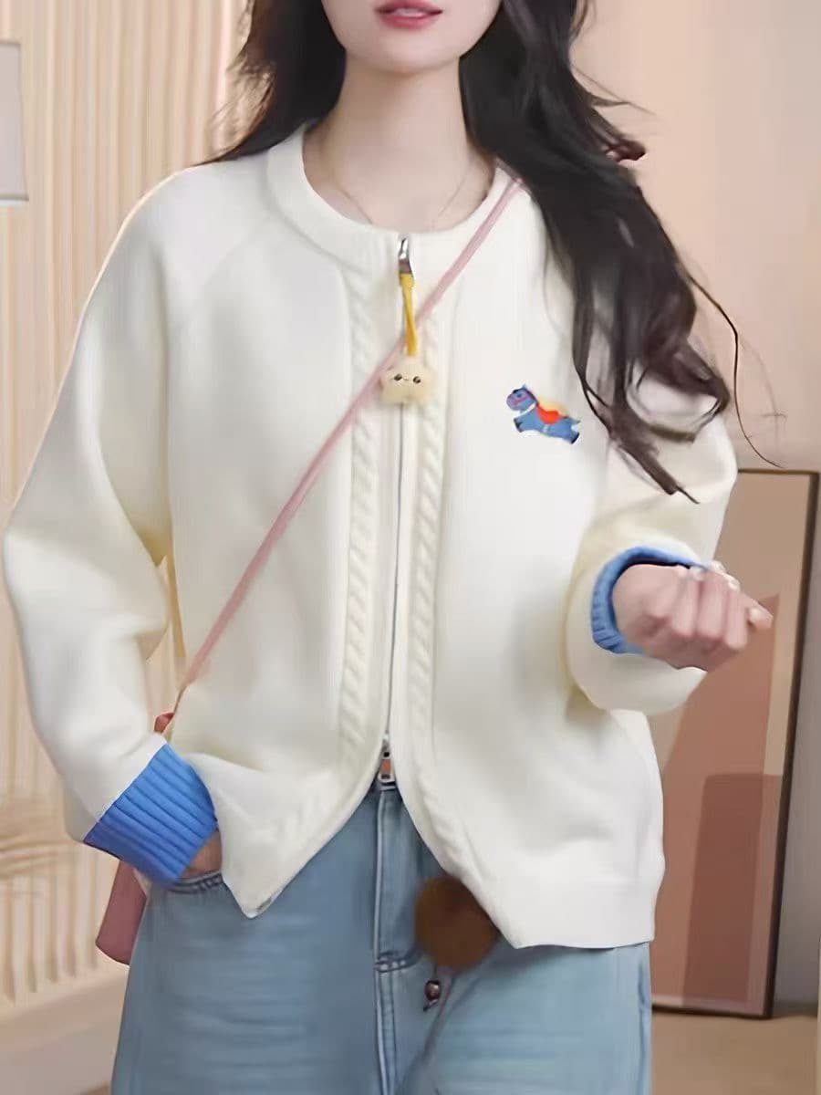 펭귄 행침 장식 라운드 넥 긴팔 니트 오픈 가디건 여성 2026 가을 겨울 새로운 작은 말 자수 더블 지퍼 스웨터 맨위 상세 이미지 4