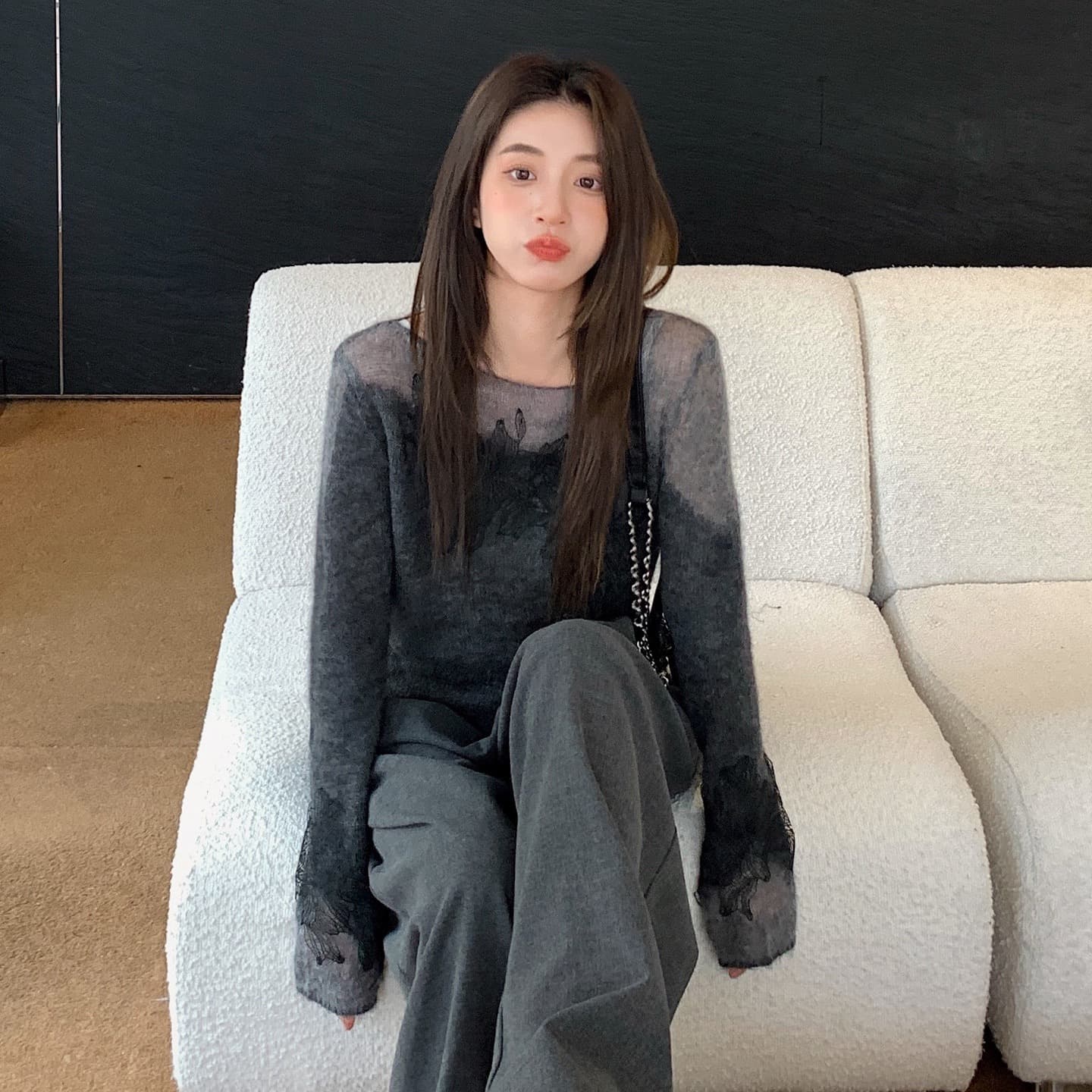 leetwins 꽃말 얕은 시리아 양 낙타 털 보트넥 니트 스웨터 여성 부드러운 찹쌀 부드러운 바람 품격 홀로우 아웃 맨위 이미지 5