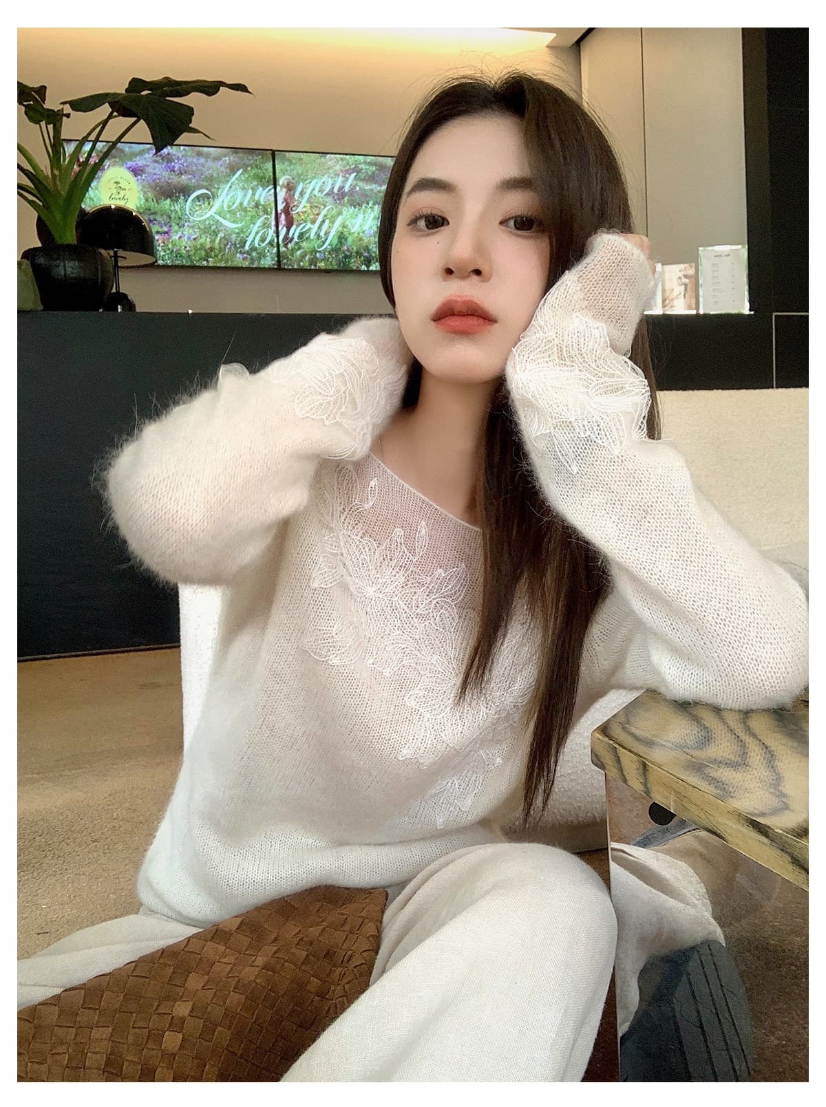 leetwins 꽃말 얕은 시리아 양 낙타 털 보트넥 니트 스웨터 여성 부드러운 찹쌀 부드러운 바람 품격 홀로우 아웃 맨위 상세 이미지 4