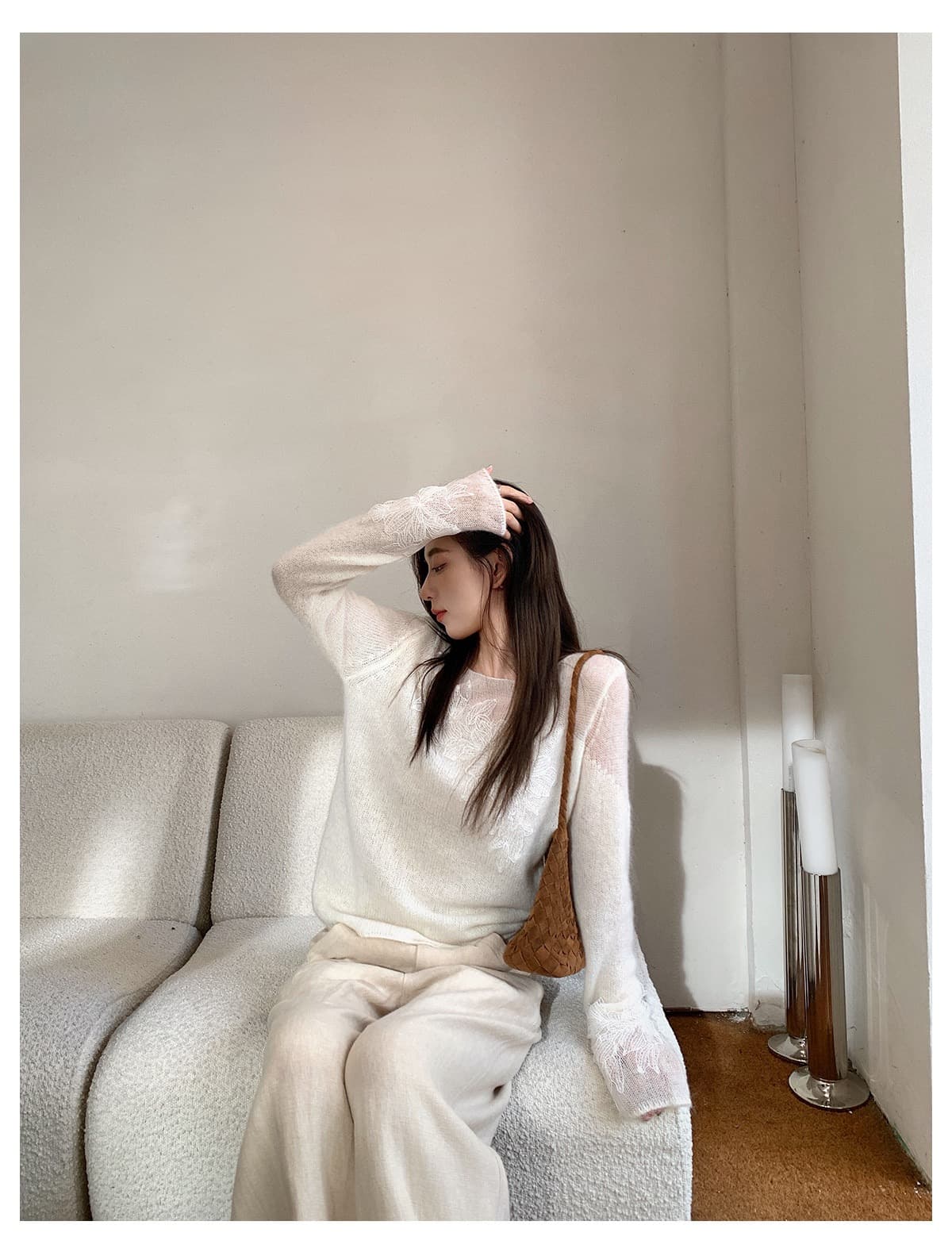 leetwins 꽃말 얕은 시리아 양 낙타 털 보트넥 니트 스웨터 여성 부드러운 찹쌀 부드러운 바람 품격 홀로우 아웃 맨위 상세 이미지 5