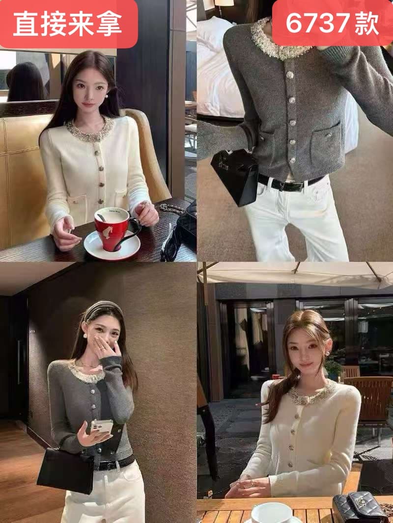 검은 콩 흠 제니 정원 꽃 실 패치워크 작은 샤넬 스타일 쇼트 스타일 스웨터 품격 라운드 넥 풀오버 니트 맨위