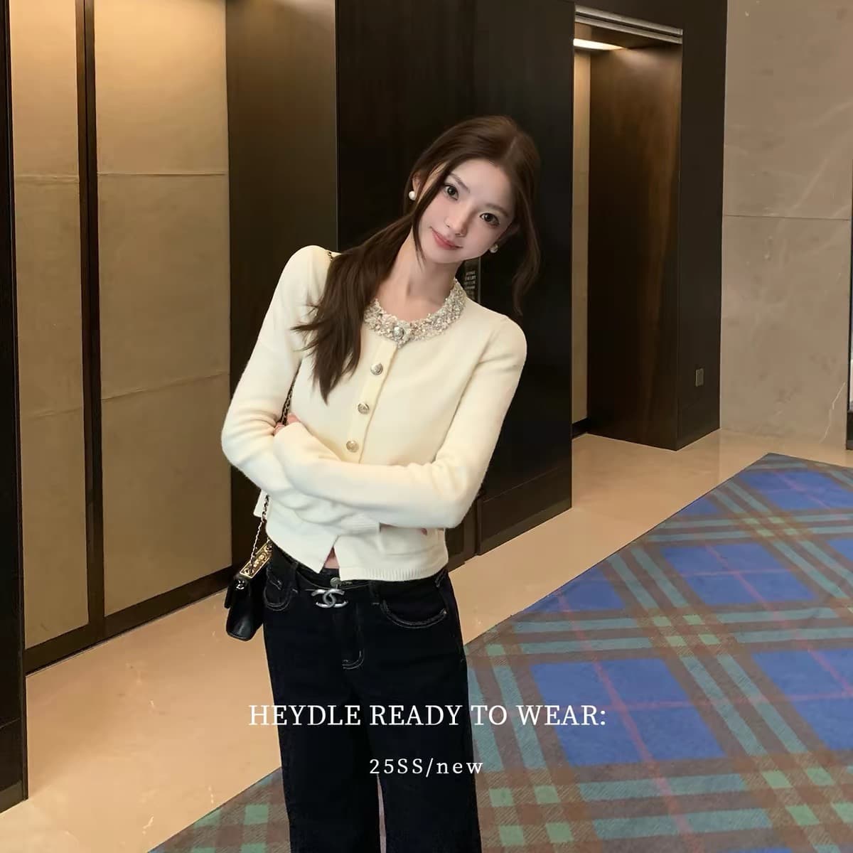 검은 콩 흠 제니 정원 꽃 실 패치워크 작은 샤넬 스타일 쇼트 스타일 스웨터 품격 라운드 넥 풀오버 니트 맨위 이미지 5