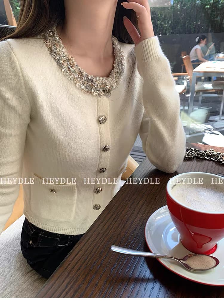 검은 콩 흠 제니 정원 꽃 실 패치워크 작은 샤넬 스타일 쇼트 스타일 스웨터 품격 라운드 넥 풀오버 니트 맨위 상세 이미지 13