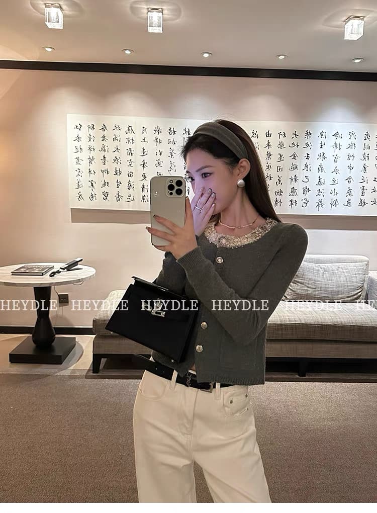 검은 콩 흠 제니 정원 꽃 실 패치워크 작은 샤넬 스타일 쇼트 스타일 스웨터 품격 라운드 넥 풀오버 니트 맨위 상세 이미지 18