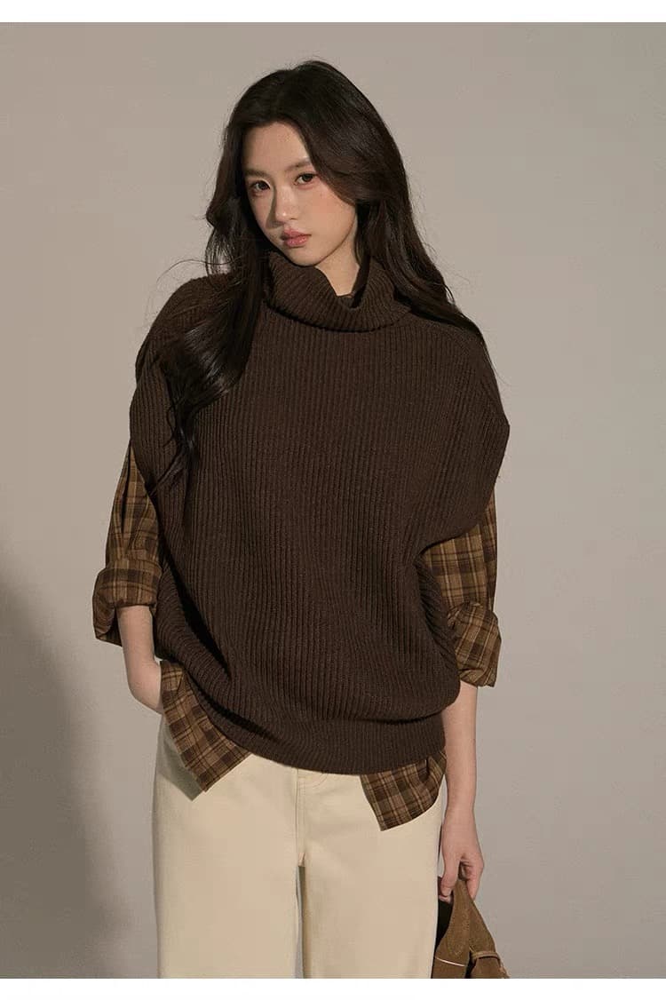 터틀넥 스택 착용 니트 베스트 조끼 여성 가을 겨울 다용도 풀오버 민소매 스웨터 상세 이미지 12