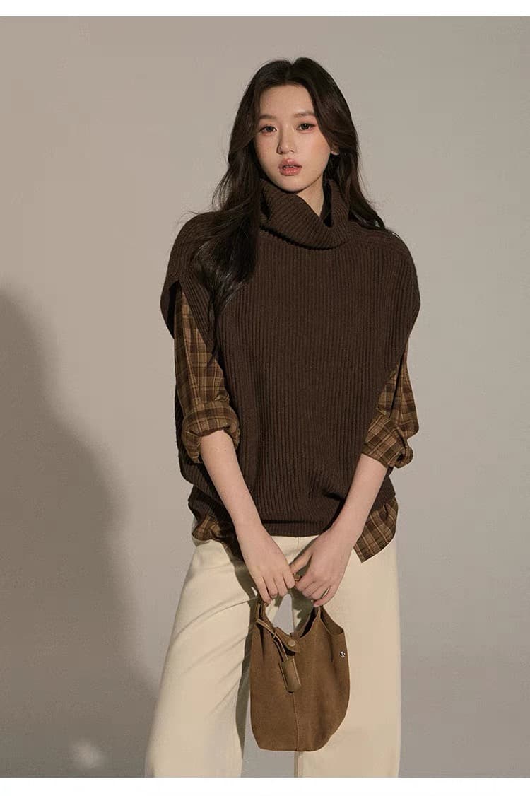 터틀넥 스택 착용 니트 베스트 조끼 여성 가을 겨울 다용도 풀오버 민소매 스웨터 상세 이미지 15