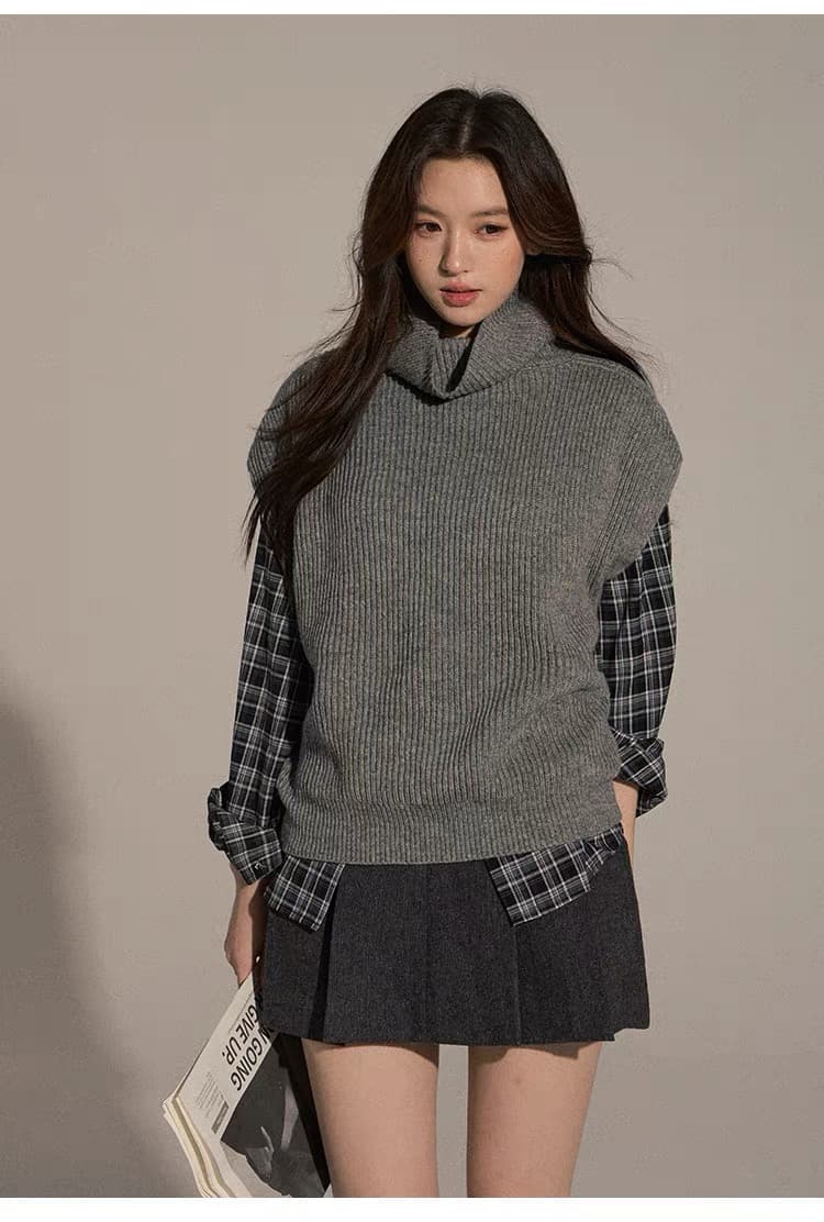 터틀넥 스택 착용 니트 베스트 조끼 여성 가을 겨울 다용도 풀오버 민소매 스웨터 상세 이미지 20