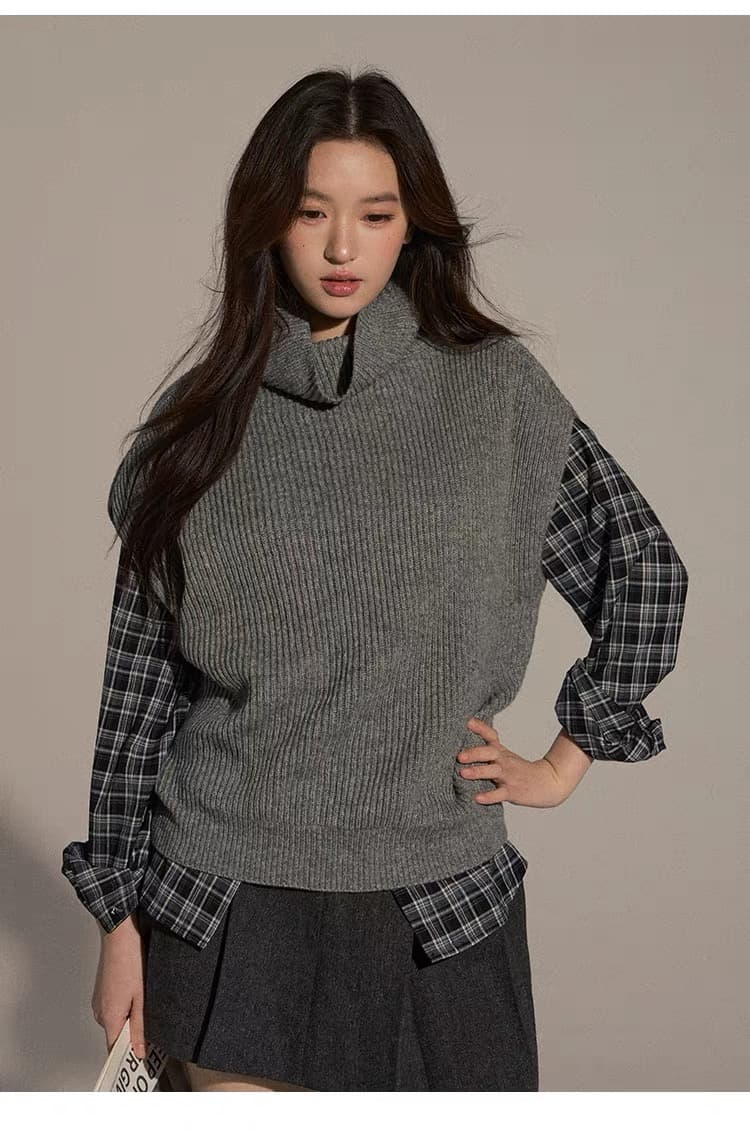 터틀넥 스택 착용 니트 베스트 조끼 여성 가을 겨울 다용도 풀오버 민소매 스웨터 상세 이미지 23