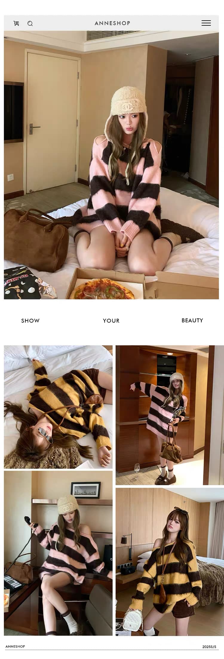 북쪽 따뜻한 양 한 부서 핑크색 새는 어깨 스트라이프 스웨터 여자 가을 겨울 루즈핏 풀오버 니트 맨위 상세 이미지 1