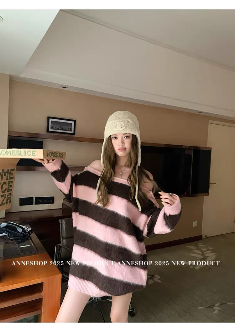 북쪽 따뜻한 양 한 부서 핑크색 새는 어깨 스트라이프 스웨터 여자 가을 겨울 루즈핏 풀오버 니트 맨위 상세 이미지 5