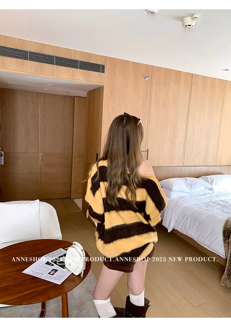 북쪽 따뜻한 양 한 부서 핑크색 새는 어깨 스트라이프 스웨터 여자 가을 겨울 루즈핏 풀오버 니트 맨위 상세 이미지 10