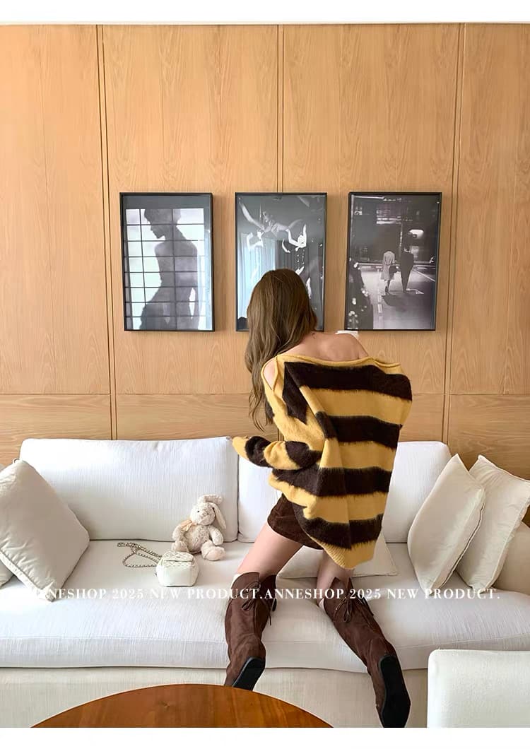 북쪽 따뜻한 양 한 부서 핑크색 새는 어깨 스트라이프 스웨터 여자 가을 겨울 루즈핏 풀오버 니트 맨위 상세 이미지 15