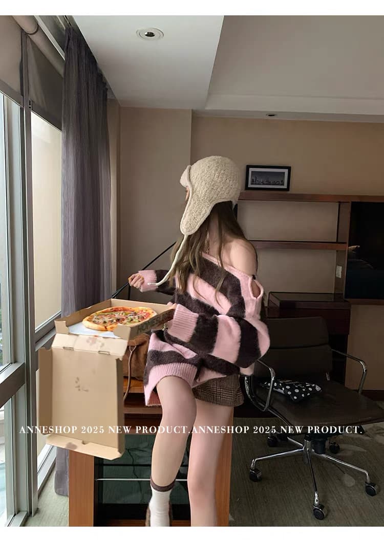북쪽 따뜻한 양 한 부서 핑크색 새는 어깨 스트라이프 스웨터 여자 가을 겨울 루즈핏 풀오버 니트 맨위 상세 이미지 16