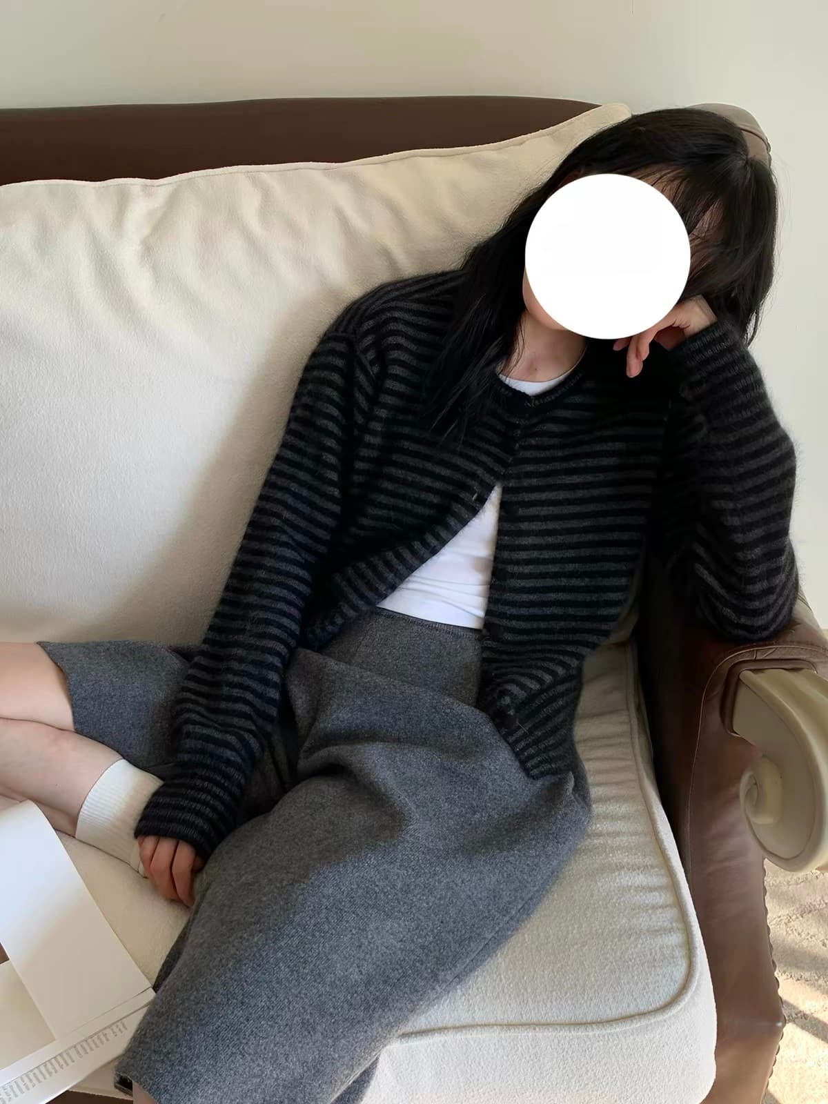 한 부서 레트로 블랙 회색 스트라이프 긴팔 니트 오픈 가디건 여성 가을 얇은 스타일 스웨터 코트 스택 착용 외부 가져 가라. 짧은 맨위 이미지 2