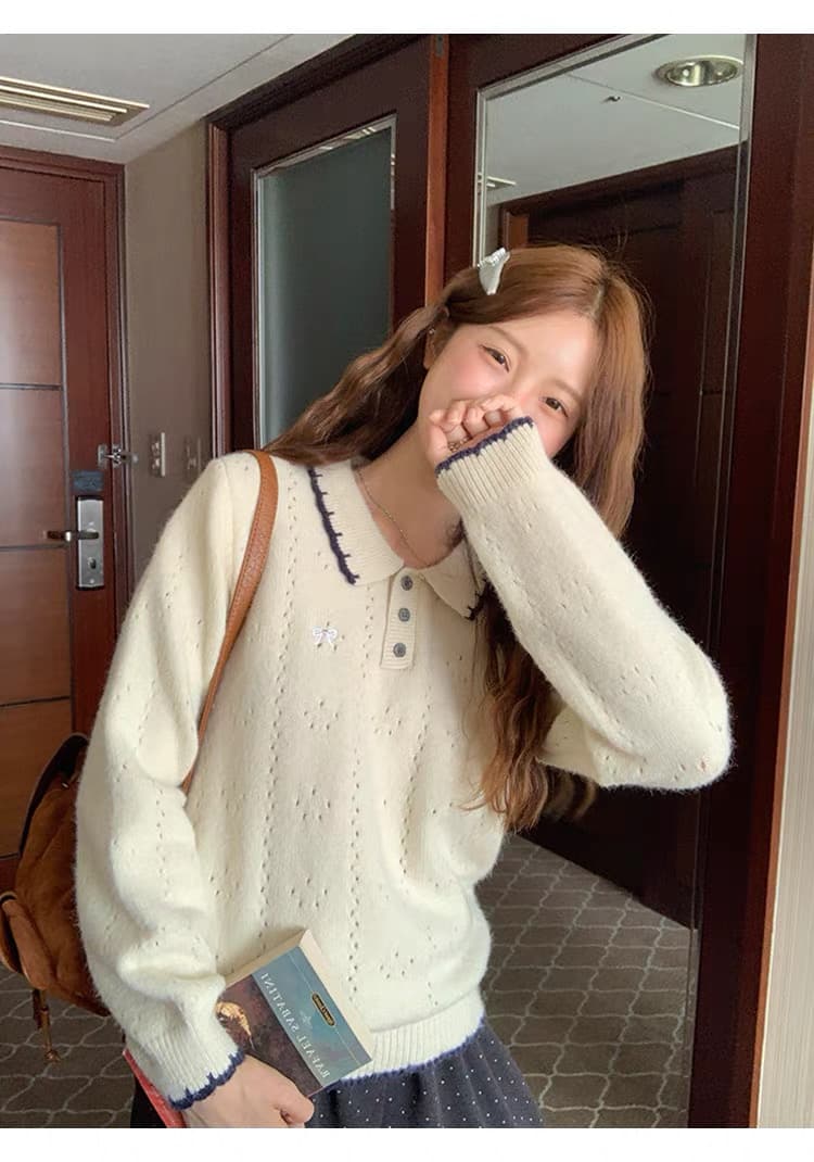 토지 작은 그룹 패치워크 색상 폴로 칼라 스웨터 루즈핏 연령 감소 2026 가을 캐주얼 한 부서 다용도 연령 감소 부드러운 찹쌀 맨위 상세 이미지 9