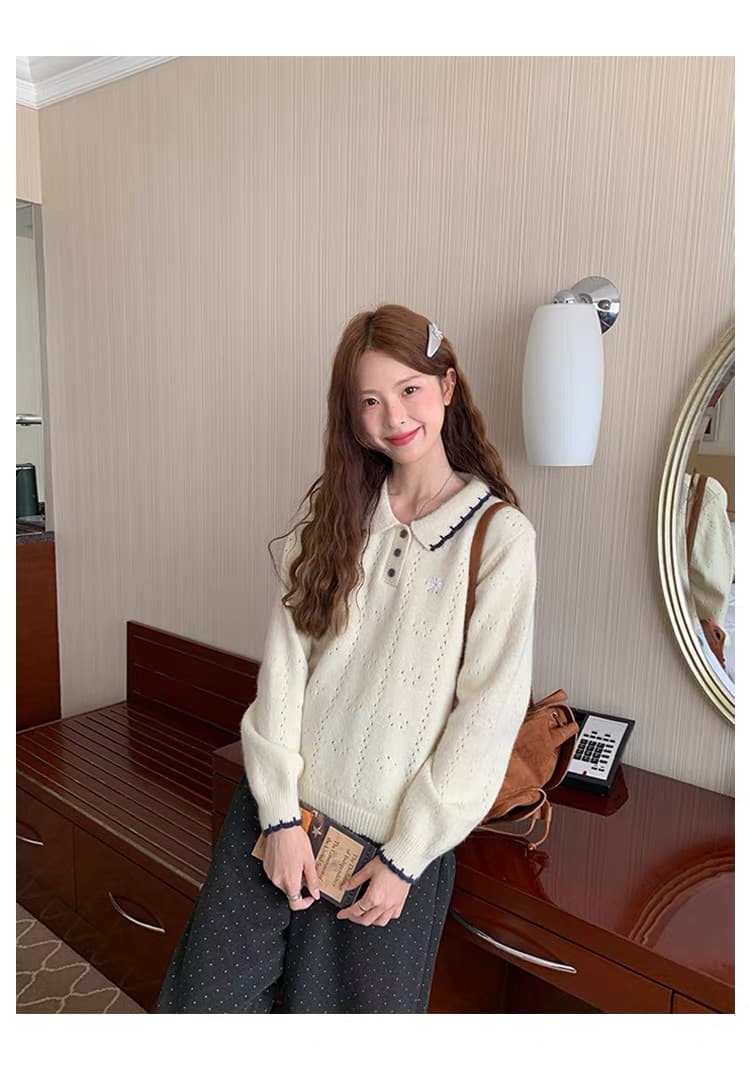 토지 작은 그룹 패치워크 색상 폴로 칼라 스웨터 루즈핏 연령 감소 2026 가을 캐주얼 한 부서 다용도 연령 감소 부드러운 찹쌀 맨위 상세 이미지 14