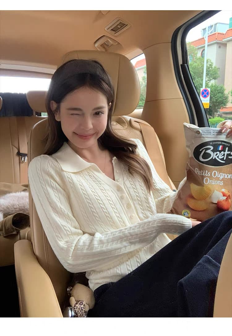 송 긍정적 인 En 한 부서 베이지 색 긴팔 POLO 칼라 니트 스웨터 여성 이른 가을 부드러운 바람 몸매 가꾸기 슬림해 보이는 아름다운 맨위 상세 이미지 11
