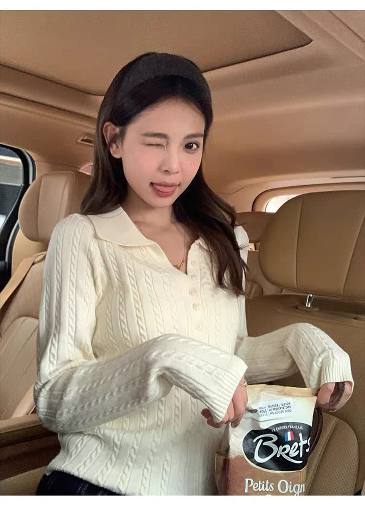 송 긍정적 인 En 한 부서 베이지 색 긴팔 POLO 칼라 니트 스웨터 여성 이른 가을 부드러운 바람 몸매 가꾸기 슬림해 보이는 아름다운 맨위 상세 이미지 12