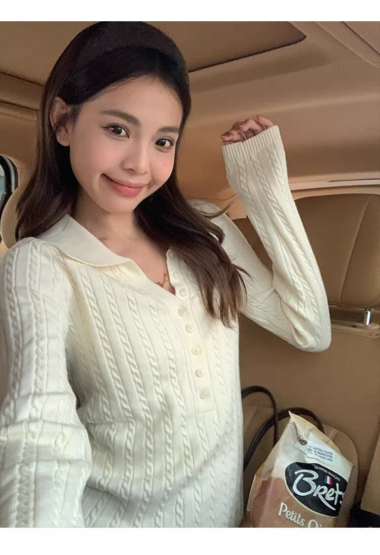 송 긍정적 인 En 한 부서 베이지 색 긴팔 POLO 칼라 니트 스웨터 여성 이른 가을 부드러운 바람 몸매 가꾸기 슬림해 보이는 아름다운 맨위 상세 이미지 13