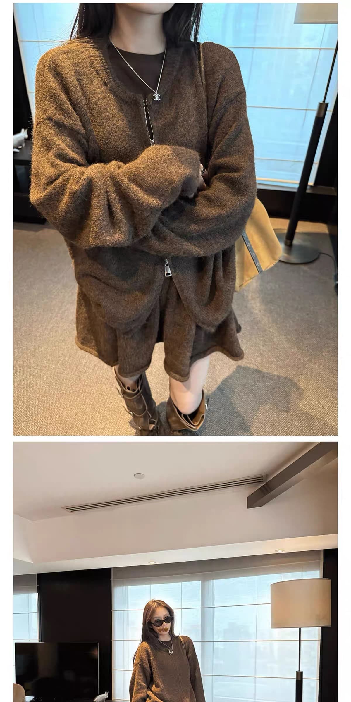 한 부서 니트 세트 여성 가을 겨울 양모 루즈핏 느긋한 지퍼 스웨터 오픈 가디건 반신 미니 스커트 투피스 세트 봄 상세 이미지 2