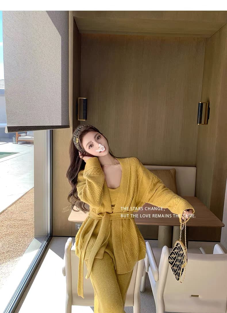 플러시 구름 따뜻한 제직 높음 럭셔리 양모 토끼털 750g 수정 벚꽃 셔츠 니트 슬립 긴 바지 세트 상세 이미지 23