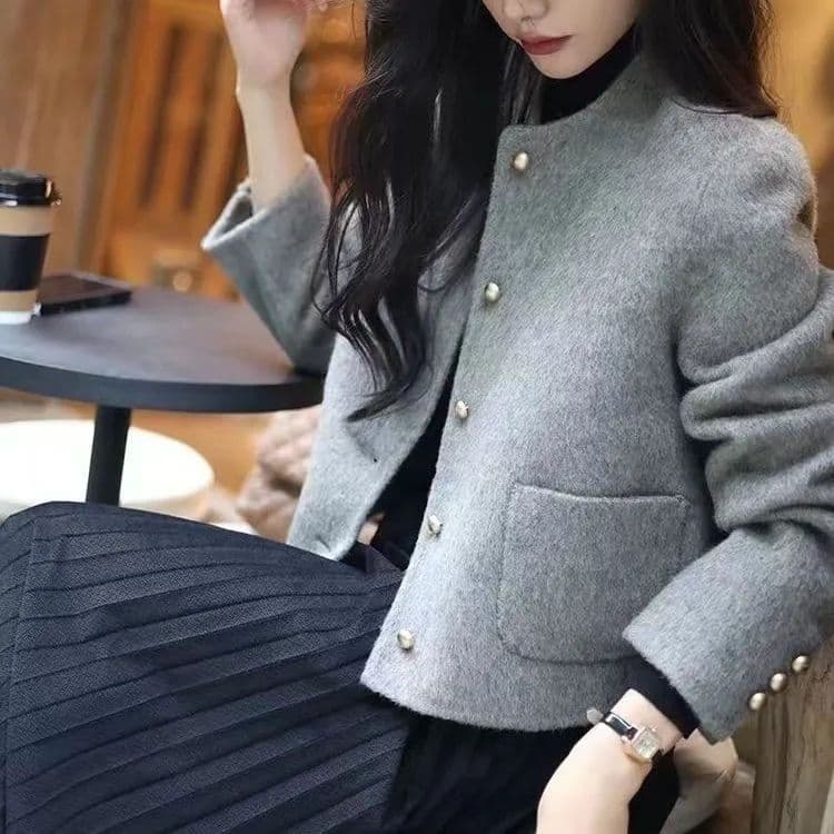 양면 양모 코트 쇼트 스타일 작은 키 고급 모직 없음 칼라 단색 패션 캐주얼 작은 샤넬 스타일 재킷