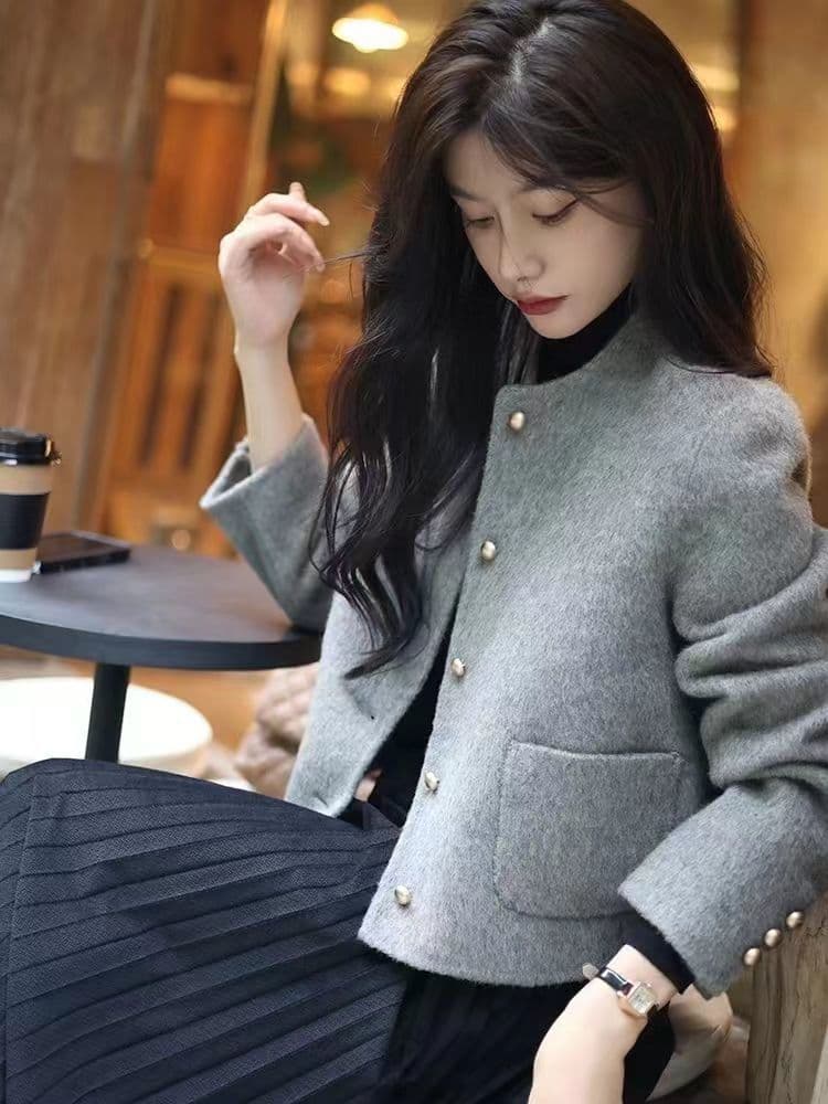 양면 양모 코트 쇼트 스타일 작은 키 고급 모직 없음 칼라 단색 패션 캐주얼 작은 샤넬 스타일 재킷 상세 이미지 3