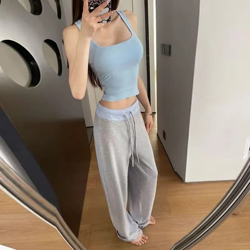 회색 배색 허리 머리 패치워크 운동 캐주얼 바지 여성 2026 여름 새로운 하이웨이스트 도루 센스 루즈핏 바닥 청소 긴 바지 이미지 2