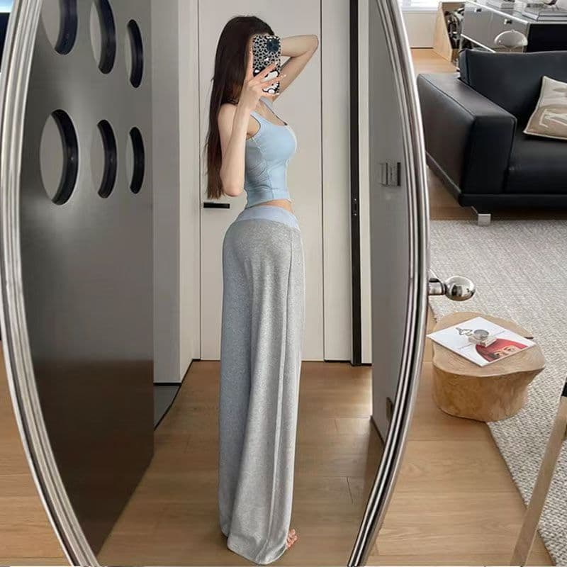 회색 배색 허리 머리 패치워크 운동 캐주얼 바지 여성 2026 여름 새로운 하이웨이스트 도루 센스 루즈핏 바닥 청소 긴 바지 상세 이미지 3