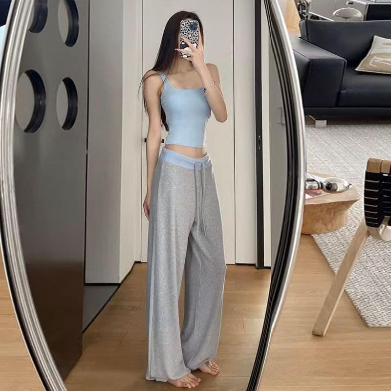 회색 배색 허리 머리 패치워크 운동 캐주얼 바지 여성 2026 여름 새로운 하이웨이스트 도루 센스 루즈핏 바닥 청소 긴 바지 상세 이미지 4