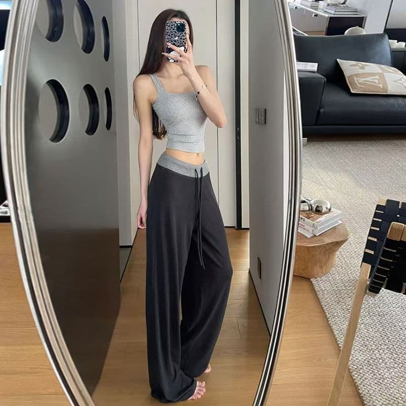 회색 배색 허리 머리 패치워크 운동 캐주얼 바지 여성 2026 여름 새로운 하이웨이스트 도루 센스 루즈핏 바닥 청소 긴 바지 상세 이미지 5