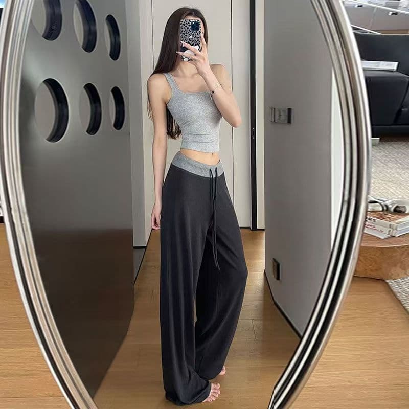 회색 배색 허리 머리 패치워크 운동 캐주얼 바지 여성 2026 여름 새로운 하이웨이스트 도루 센스 루즈핏 바닥 청소 긴 바지 상세 이미지 7