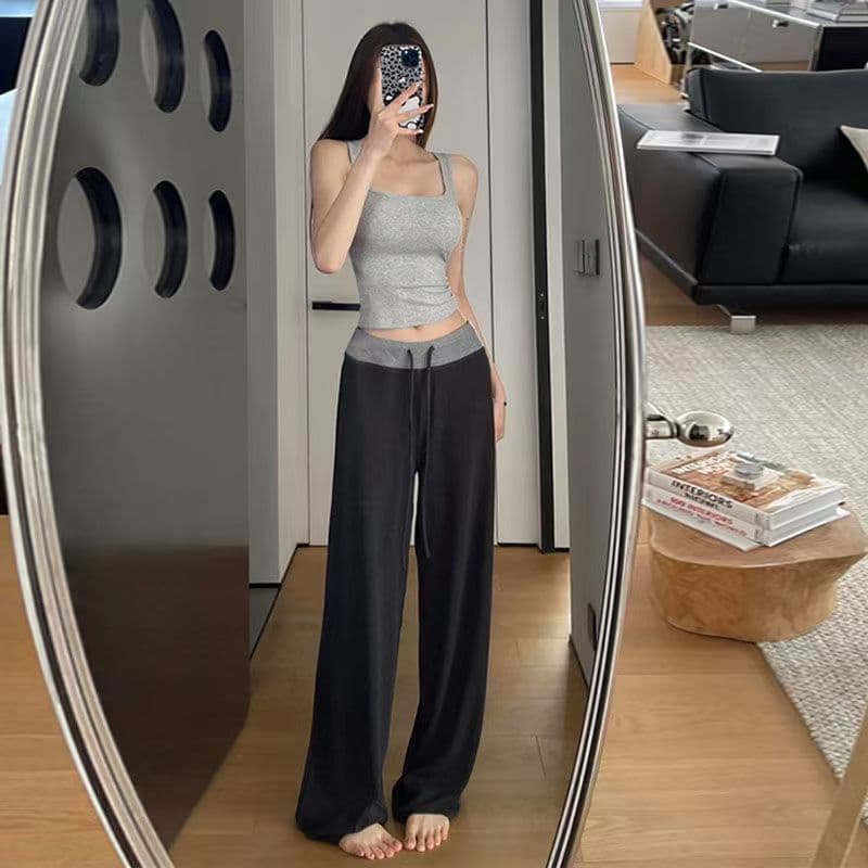 회색 배색 허리 머리 패치워크 운동 캐주얼 바지 여성 2026 여름 새로운 하이웨이스트 도루 센스 루즈핏 바닥 청소 긴 바지 상세 이미지 8