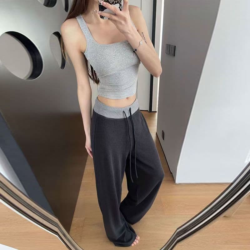 회색 배색 허리 머리 패치워크 운동 캐주얼 바지 여성 2026 여름 새로운 하이웨이스트 도루 센스 루즈핏 바닥 청소 긴 바지 상세 이미지 9