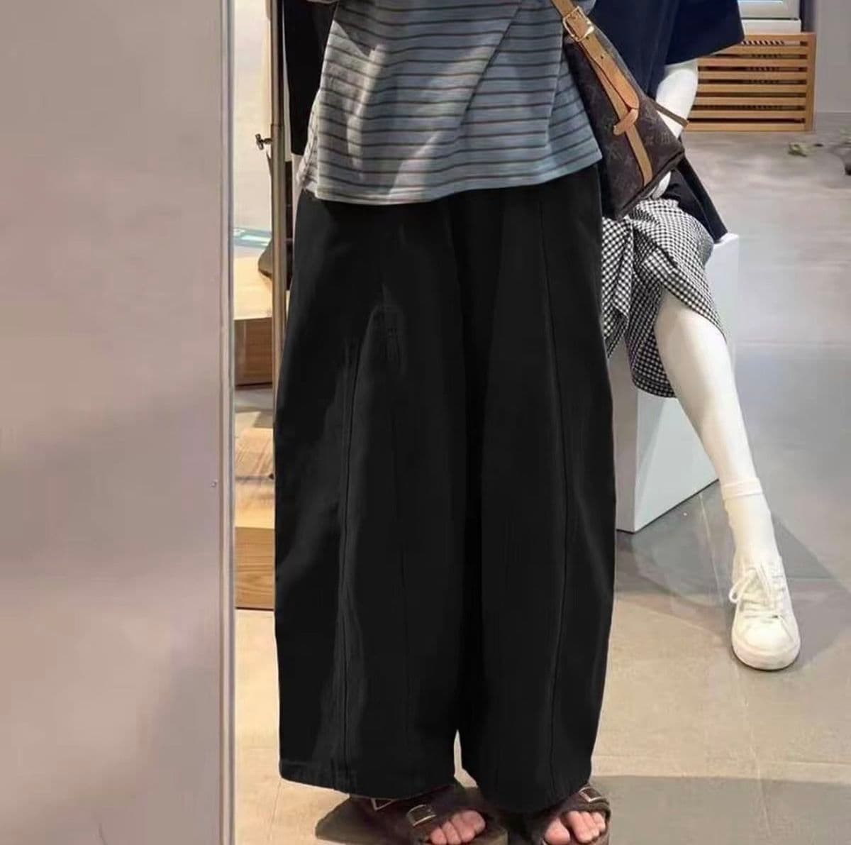 2026 새로운 봄 가을 하이웨이스트 도루 센스 작은 키 흑단 색상 캐주얼 와이드 레깅스 바지 루즈핏 모통이 칼 풍선 바지 상세 이미지 26