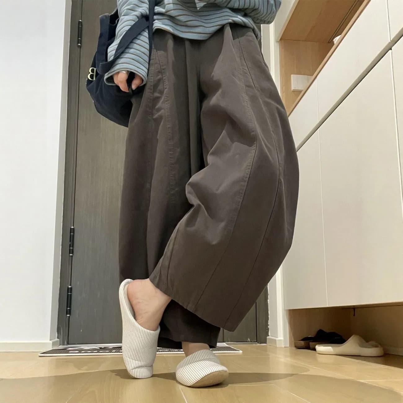 아메리칸 작은 키 캐주얼 바지 트렌드 하이웨이스트 루즈핏 chic 9 포인트 풍선 느슨함 센스 모통이 칼 와이드 레그 팬츠 ins