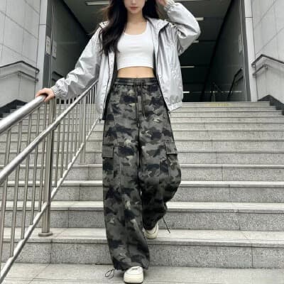 2026 가을 새로운 하이웨이스트 루즈핏 거리 카모플라주 넓은 다리 캐주얼 바지 상세 이미지 1